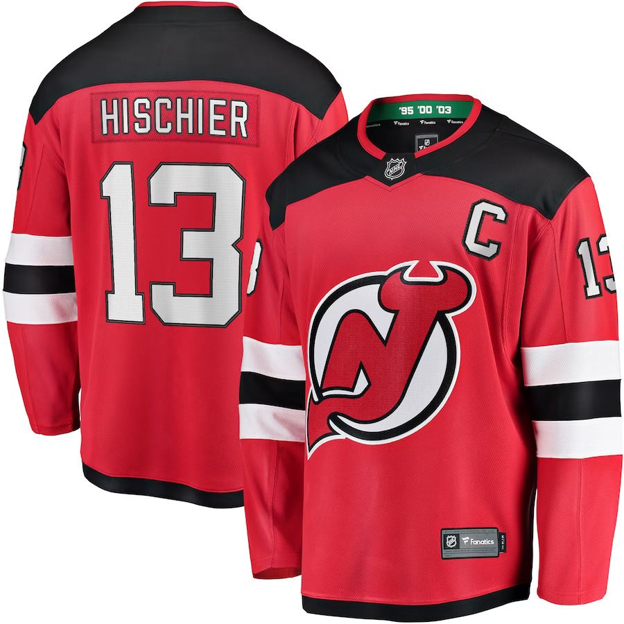 Men New Jersey Devils #13 Nico Hischier Fanatics Branded Red Captain Patch Home Breakaway NHL Jersey